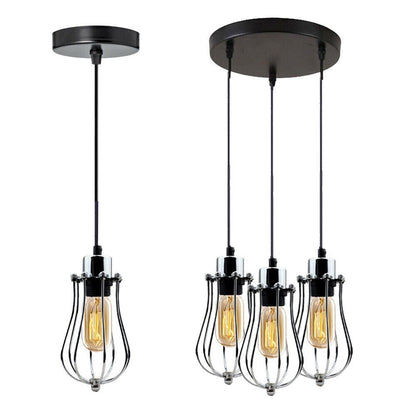 3-Light Cluster Pendant – Wire Cage Shades, Round Plate or Ceiling Bar - Chrome, Round Cage Chrome 200 mm Rose, Without Bulb