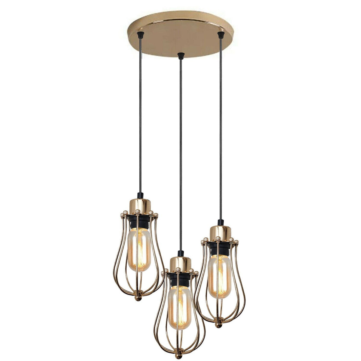 3-Light Cluster Pendant – Wire Cage Shades, Round Plate or Ceiling Bar - French Gold, Round Cage French Gold, Without Bulb