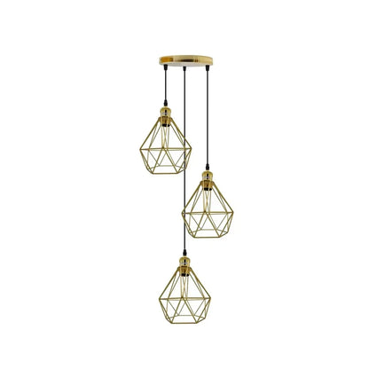 3-Light Cluster Pendant – Wire Cage Shades, Round Plate or Ceiling Bar - French Gold, Diamond Cage Gold, Without Bulb