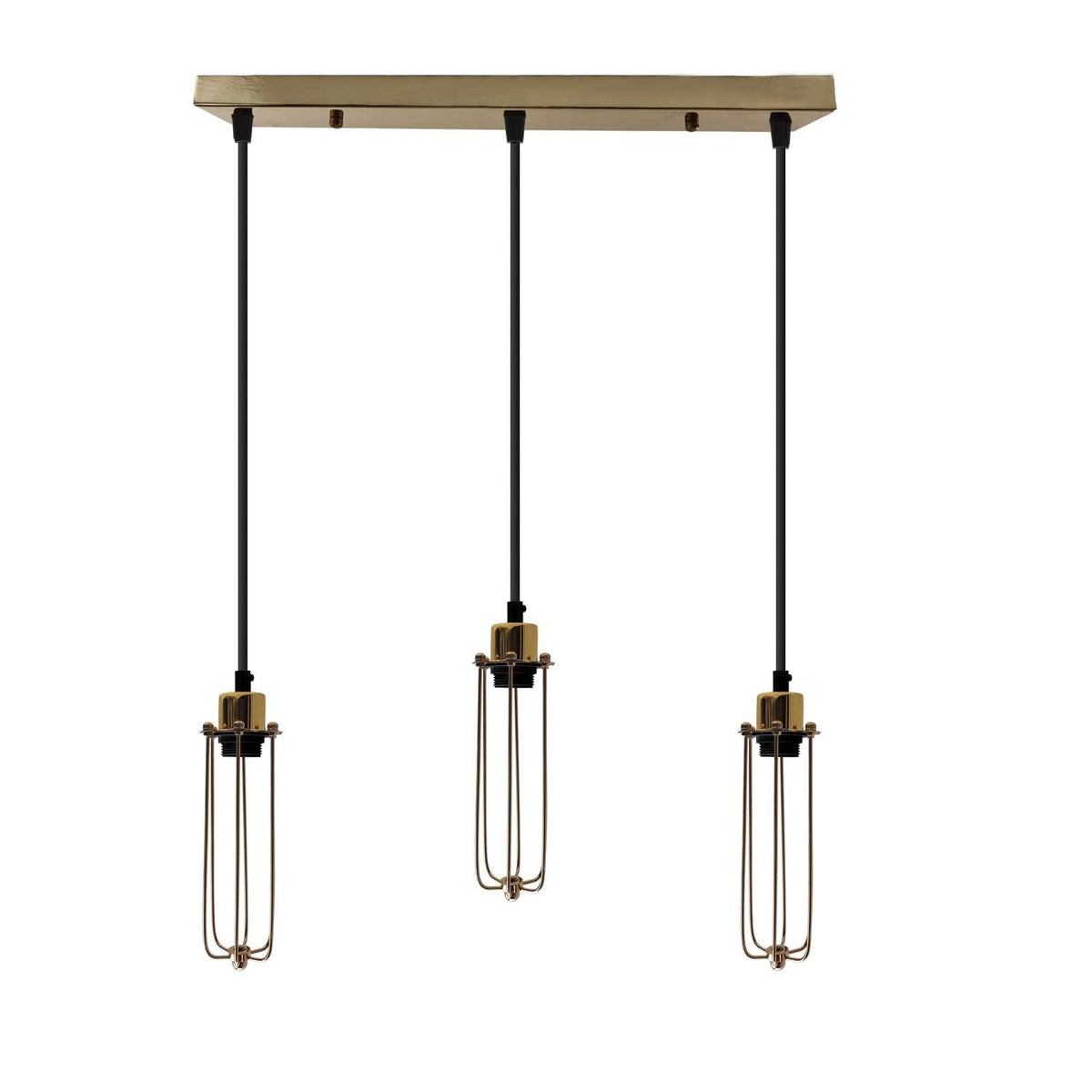 3-Light Cluster Pendant – Wire Cage Shades, Round Plate or Ceiling Bar - French Gold, Long Cage French Gold 500 mm Rose, Without Bulb