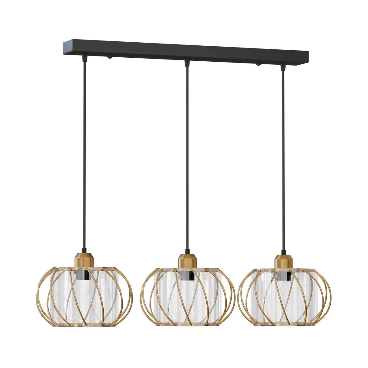 3-Light Cluster Pendant – Wire Cage Shades, Round Plate or Ceiling Bar - Gold, Crystal Cage 18 cm Gold, Without Bulb