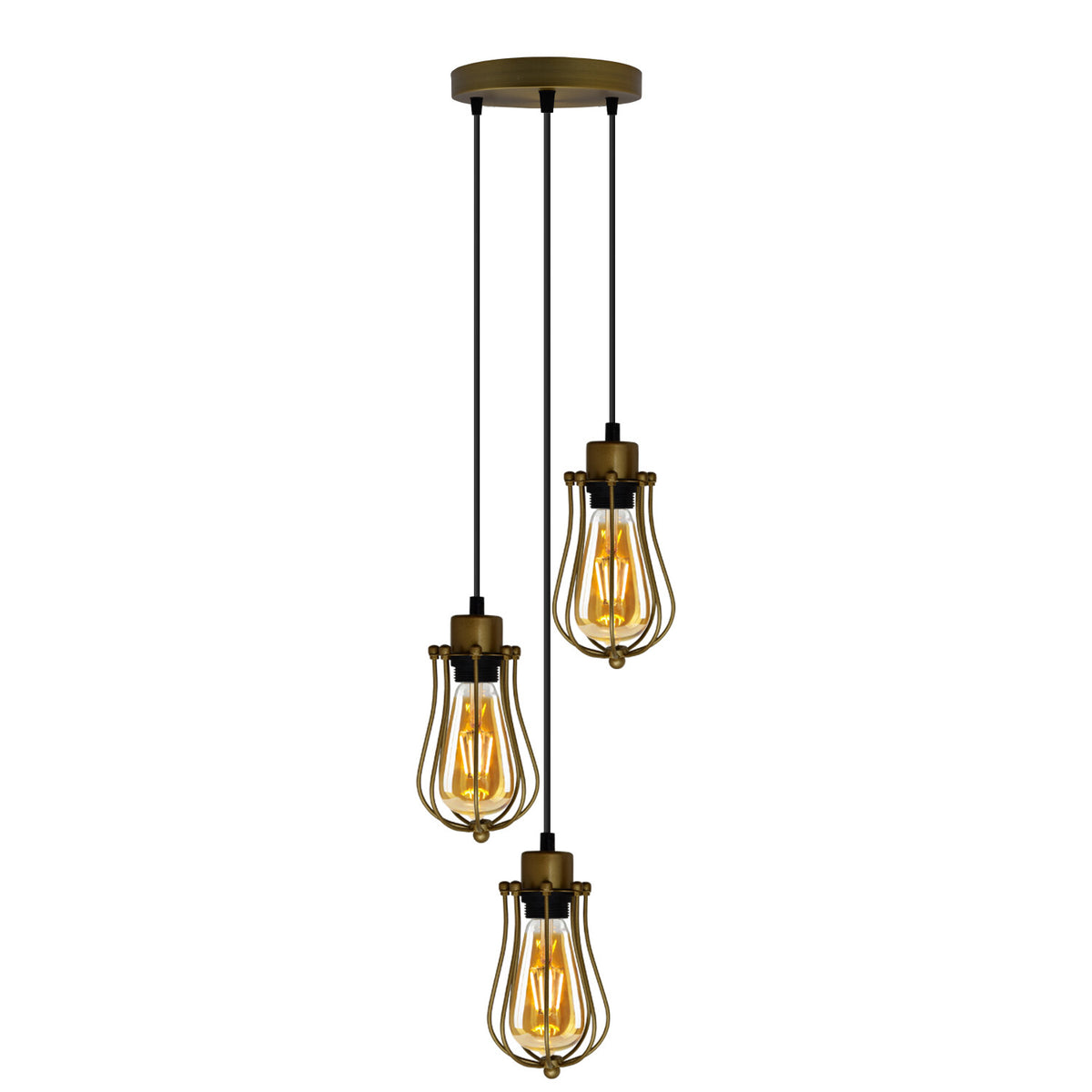 3-Light Cluster Pendant – Wire Cage Shades, Round Plate or Ceiling Bar - Gold, Round Cage Gold, Without Bulb