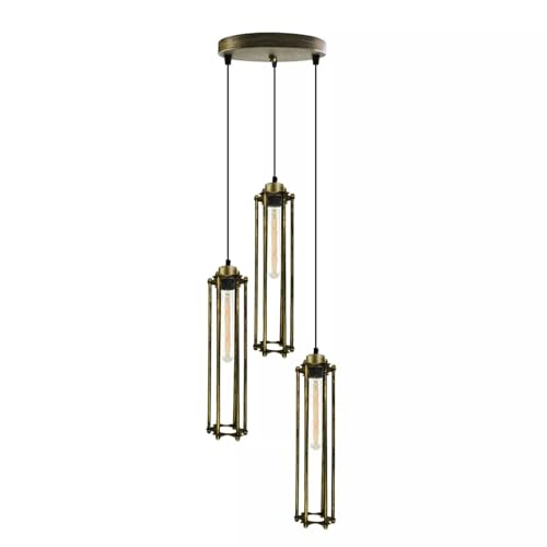 3-Light Cluster Pendant – Wire Cage Shades, Round Plate or Ceiling Bar - Green Brass, Tube Cage Brushed Brass 200 mm Rose, T185 LED Bulb 4W