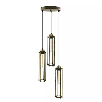 3-Light Cluster Pendant – Wire Cage Shades, Round Plate or Ceiling Bar - Green Brass, Tube Cage Brushed Brass 200 mm Rose, T185 LED Bulb 4W