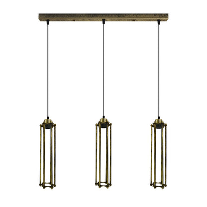 3-Light Cluster Pendant – Wire Cage Shades, Round Plate or Ceiling Bar - Green Brass, Tube Cage Brushed Brass 500 mm Rose, Without Bulb
