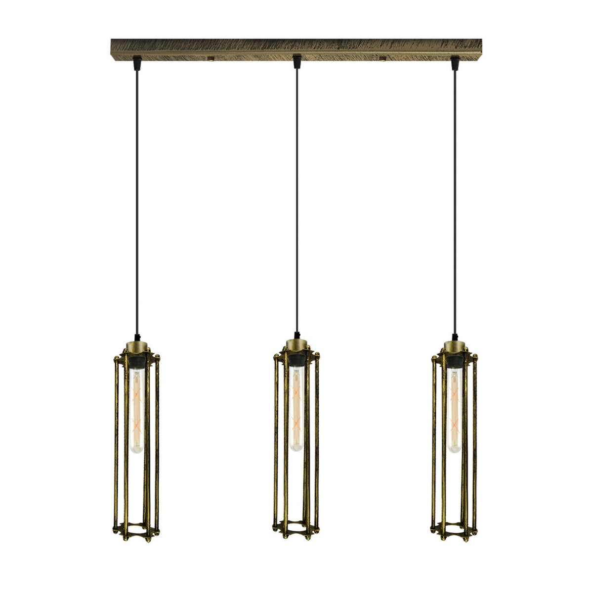 3-Light Cluster Pendant – Wire Cage Shades, Round Plate or Ceiling Bar - Green Brass, Tube Cage Brushed Brass 500 mm Rose, T185 LED Bulb 4W