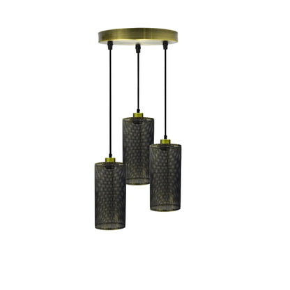 3-Light Cluster Pendant – Wire Cage Shades, Round Plate or Ceiling Bar - Green Brass, Drum Brushed Brass, Without Bulb