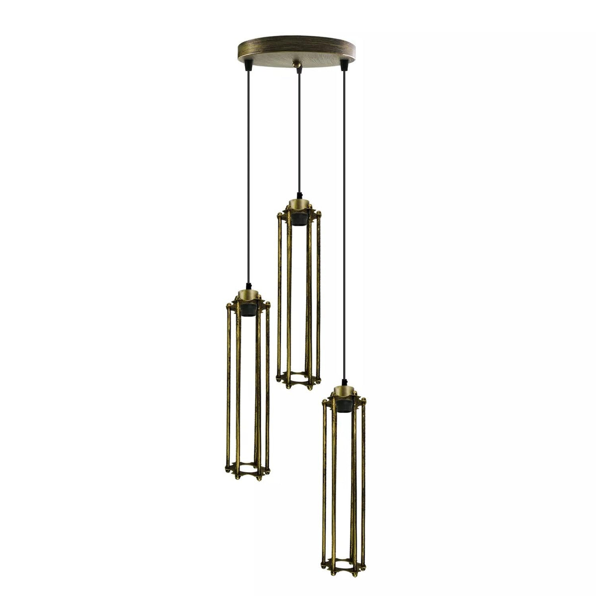 3-Light Cluster Pendant – Wire Cage Shades, Round Plate or Ceiling Bar - Green Brass, Tube Cage Brushed Brass 200 mm Rose, Without Bulb