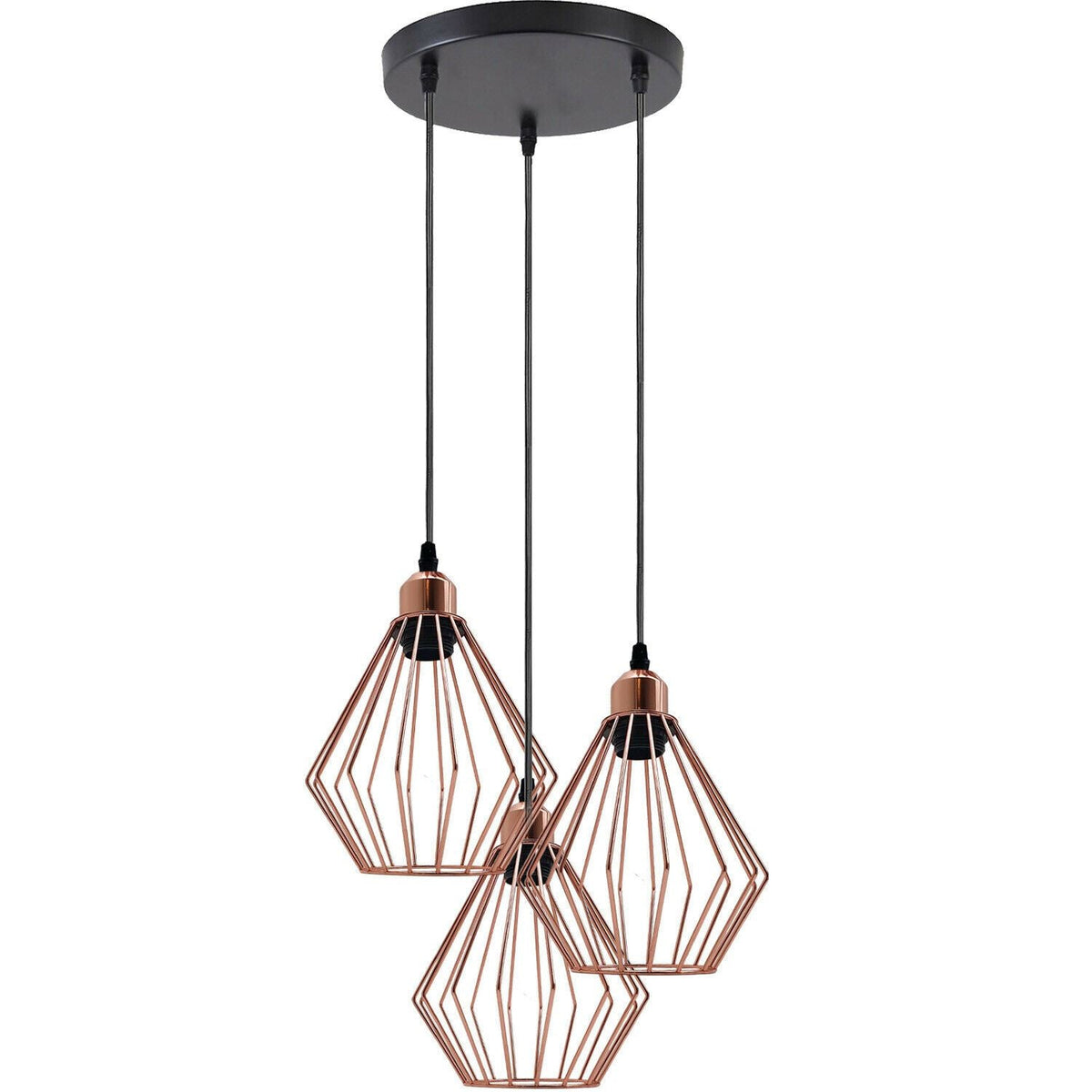 3-Light Cluster Pendant – Wire Cage Shades, Round Plate or Ceiling Bar - Rose Gold, Diamond Cage Rose Gold 200 mm Rose, Without Bulb