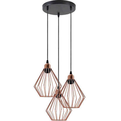 3-Light Cluster Pendant – Wire Cage Shades, Round Plate or Ceiling Bar - Rose Gold, Diamond Cage Rose Gold 200 mm Rose, Without Bulb