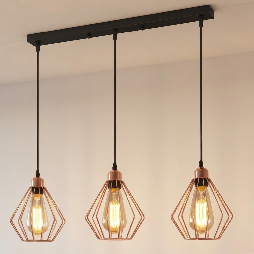 3-Light Cluster Pendant – Wire Cage Shades, Round Plate or Ceiling Bar - Rose Gold, Diamond Cage Rose Gold 500 mm Rose, Without Bulb