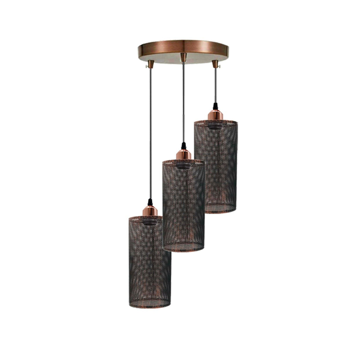3-Light Cluster Pendant – Wire Cage Shades, Round Plate or Ceiling Bar - Rose Gold, Drum Rustic Red, Without Bulb