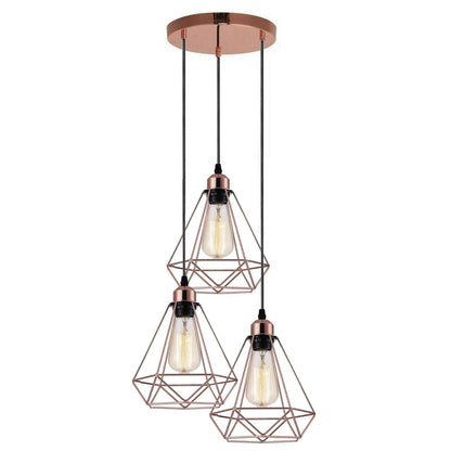 3-Light Cluster Pendant – Wire Cage Shades, Round Plate or Ceiling Bar - Rose Gold, Wire Cage Rose Gold 200 mm Rose, Without Bulb