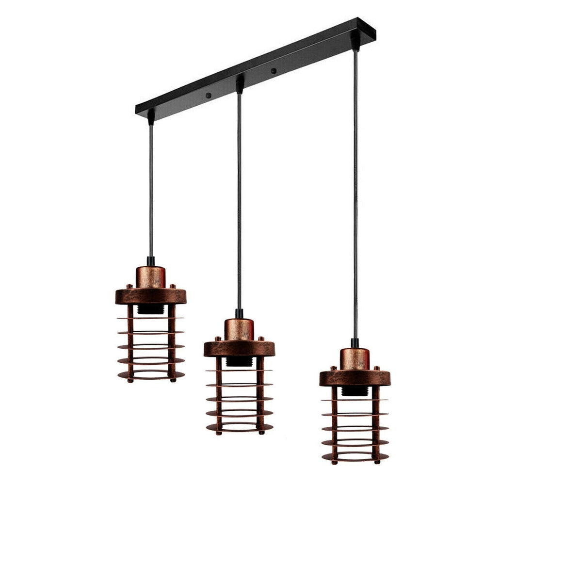 3-Light Cluster Pendant – Wire Cage Shades, Round Plate or Ceiling Bar - Rustic Red, Bulb Guard Rustic Red 500 mm Rose, Without Bulb
