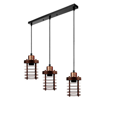 3-Light Cluster Pendant – Wire Cage Shades, Round Plate or Ceiling Bar - Rustic Red, Bulb Guard Rustic Red 500 mm Rose, Without Bulb