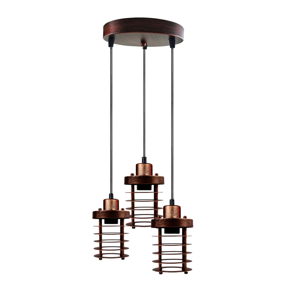 3-Light Cluster Pendant – Wire Cage Shades, Round Plate or Ceiling Bar - Rustic Red, Bulb Guard Rustic Red 200 mm Rose, Without Bulb