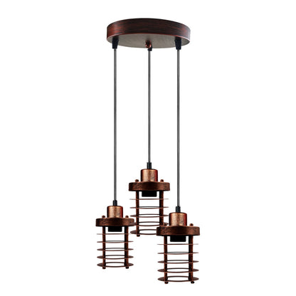 3-Light Cluster Pendant – Wire Cage Shades, Round Plate or Ceiling Bar - Rustic Red, Bulb Guard Rustic Red 200 mm Rose, Without Bulb