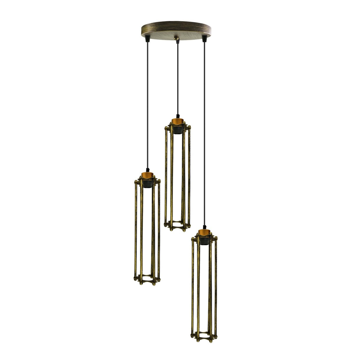 3-Light Cluster Pendant – Wire Cage Shades, Round Plate or Ceiling Bar - Yellow Brass, Tube Cage Brushed Brass 200 mm Rose, Without Bulb