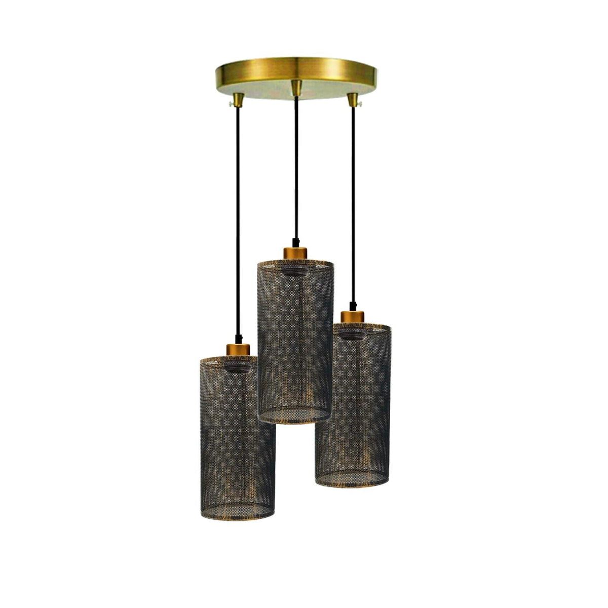 3-Light Cluster Pendant – Wire Cage Shades, Round Plate or Ceiling Bar - Yellow Brass, Drum Brushed Copper, Without Bulb