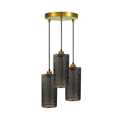 3-Light Cluster Pendant – Wire Cage Shades, Round Plate or Ceiling Bar - Yellow Brass, Drum Brushed Copper, Without Bulb