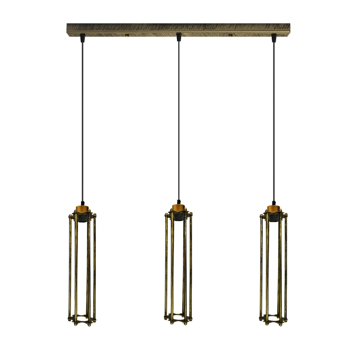3-Light Cluster Pendant – Wire Cage Shades, Round Plate or Ceiling Bar - Yellow Brass, Tube Cage Brushed Brass 500 mm Rose, Without Bulb