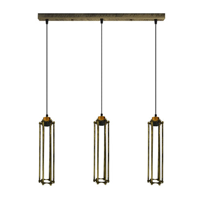 3-Light Cluster Pendant – Wire Cage Shades, Round Plate or Ceiling Bar - Yellow Brass, Tube Cage Brushed Brass 500 mm Rose, Without Bulb