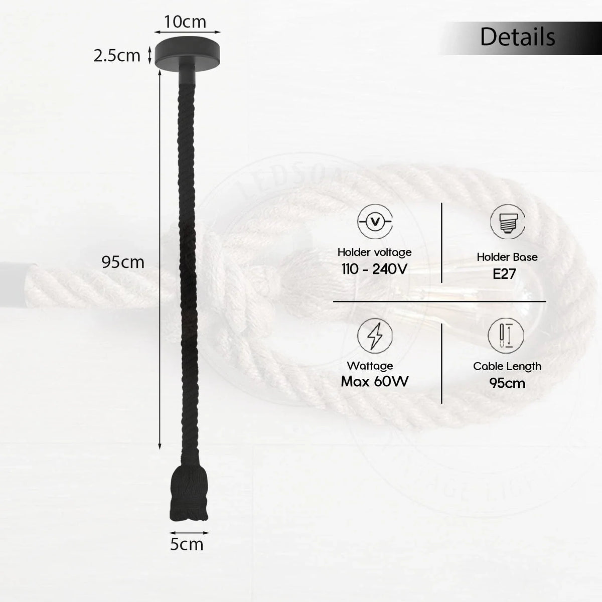 3-Light Hemp Rope Pendant on Ceiling Bar – E27 - photo 2