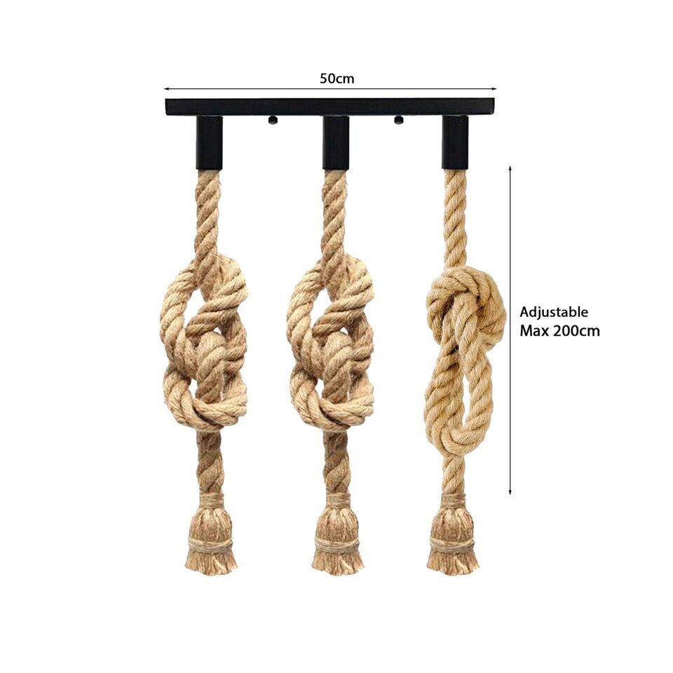 3-Light Hemp Rope Pendant on Ceiling Bar – E27 - photo 3