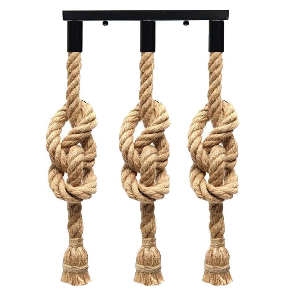3-Light Hemp Rope Pendant on Ceiling Bar – E27 - Hemp, Hemp Rope, Without Bulb