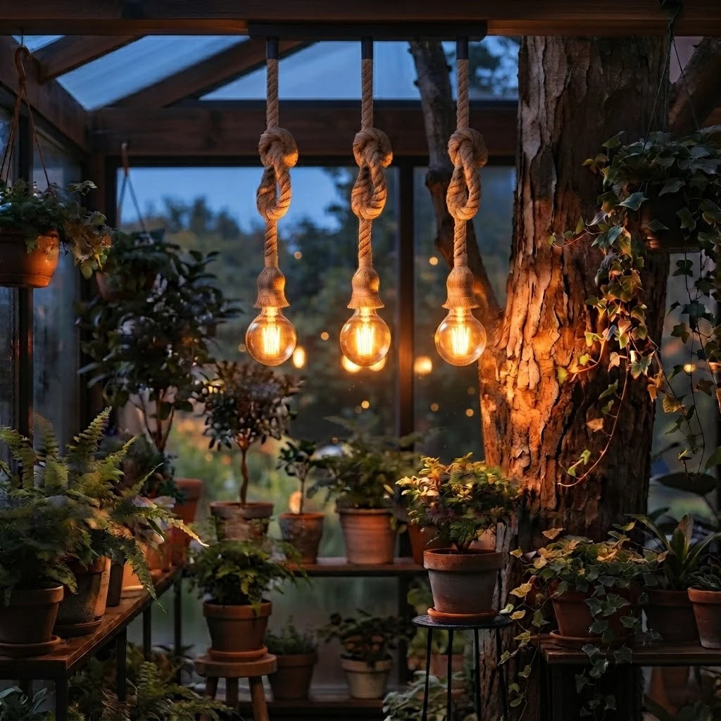3-Light Hemp Rope Pendant on Ceiling Bar – E27 - Hemp, Hemp Rope, 3 x ST64 Filament Bulb