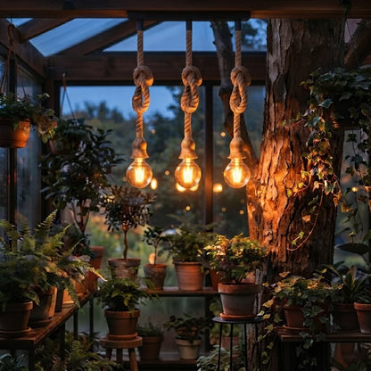 3-Light Hemp Rope Pendant on Ceiling Bar – E27 - Hemp, Hemp Rope, 3 x ST64 Filament Bulb