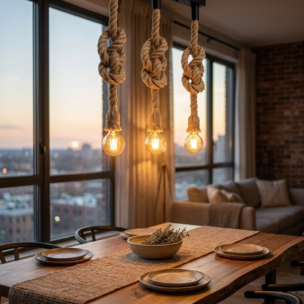 3-Light Hemp Rope Pendant on Ceiling Bar – E27