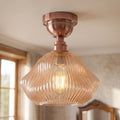 Amber Ribbed Glass Semi-Flush Ceiling Light – Copper, E27