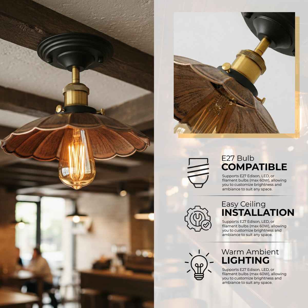 Semi Flush Ceiling Light – Scalloped, Dome or Gloss Metal Shade, E27 - photo 9