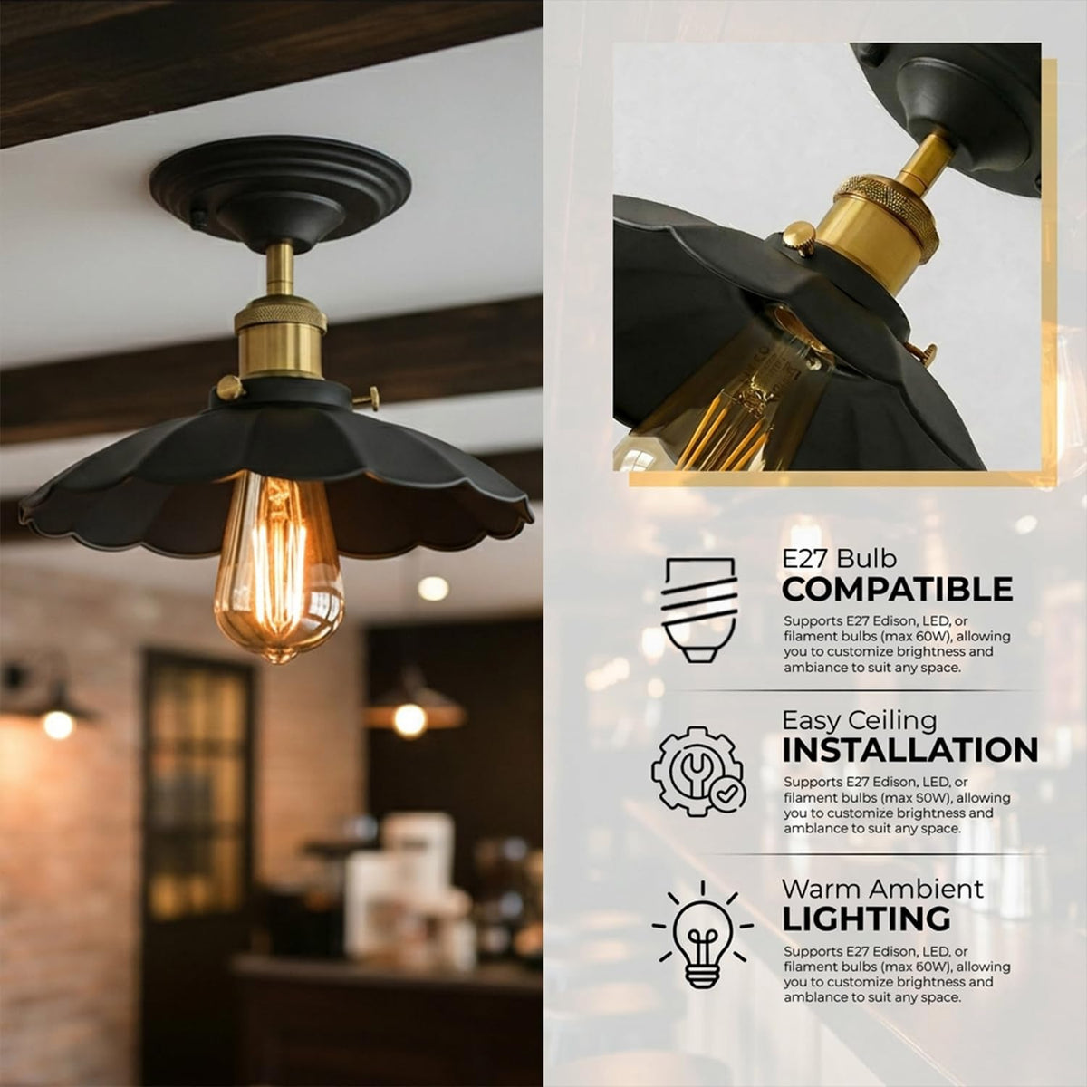 Semi Flush Ceiling Light – Scalloped, Dome or Gloss Metal Shade, E27 - photo 13