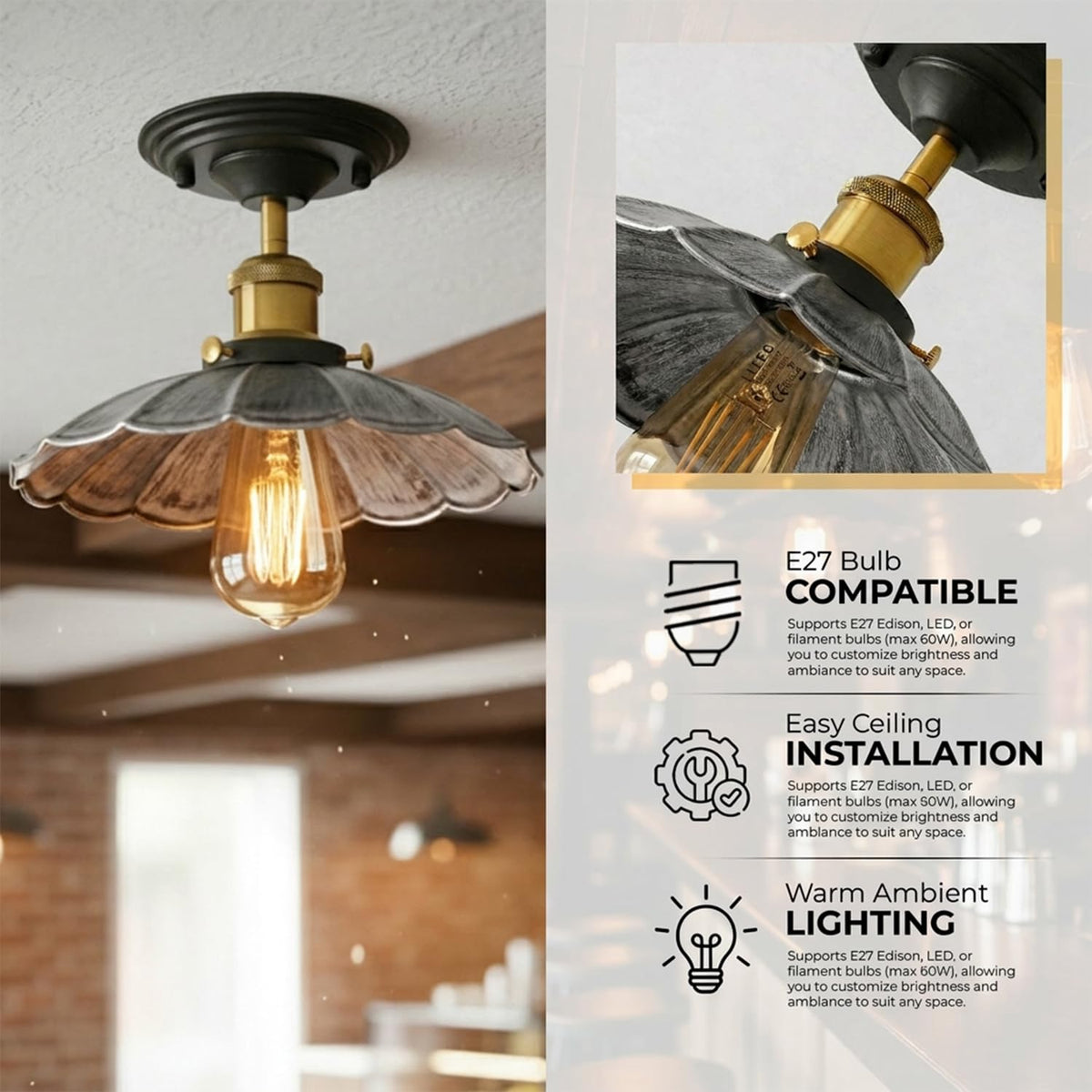 Semi Flush Ceiling Light – Scalloped, Dome or Gloss Metal Shade, E27 - photo 17