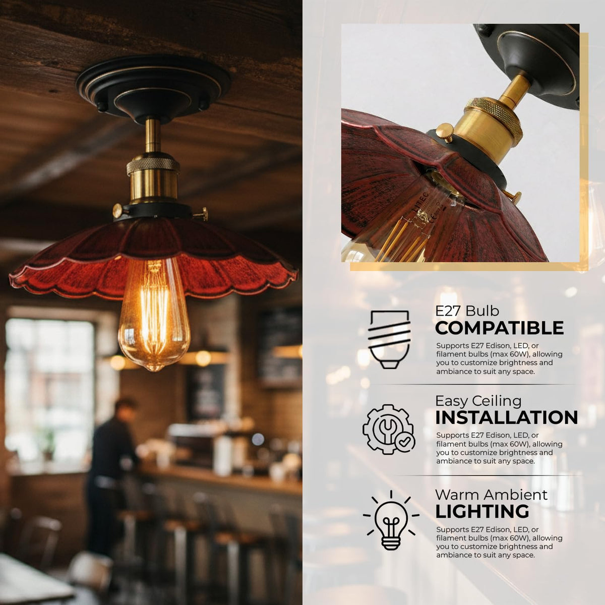 Semi Flush Ceiling Light – Scalloped, Dome or Gloss Metal Shade, E27 - photo 26