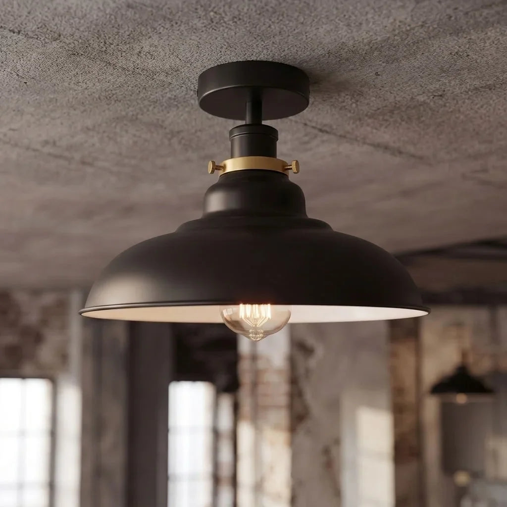 Semi Flush Ceiling Light – Scalloped, Dome or Gloss Metal Shade, E27 - Black, Gloss Metal 32 cm Black & White Inner, Without Bulb