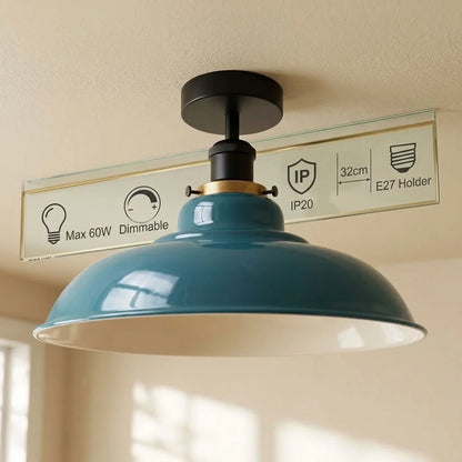 Semi Flush Ceiling Light – Scalloped, Dome or Gloss Metal Shade, E27 - Black, Gloss Metal 32 cm Cyan Blue, Without Bulb