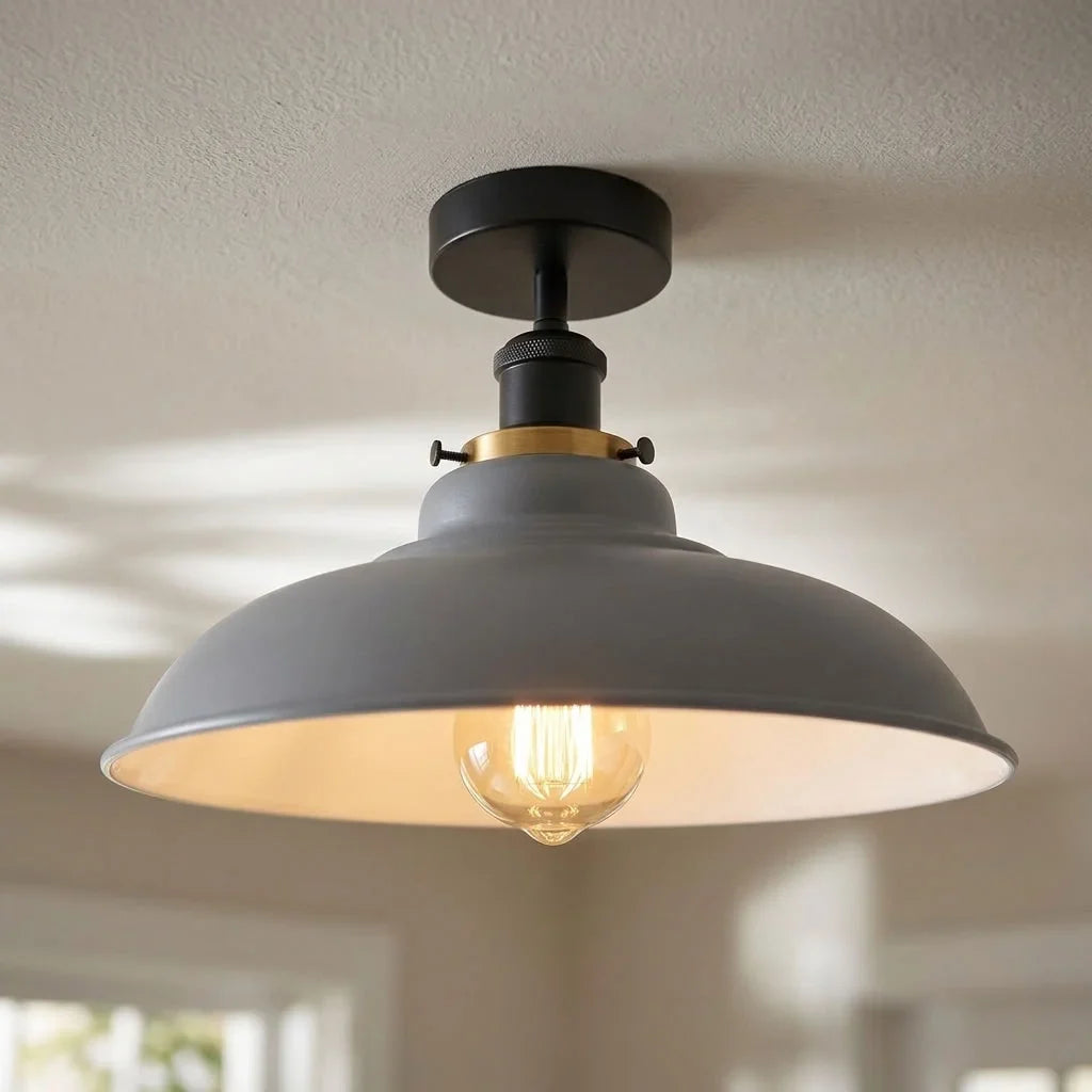 Semi Flush Ceiling Light – Scalloped, Dome or Gloss Metal Shade, E27 - Black, Gloss Metal 32 cm Grey, Without Bulb