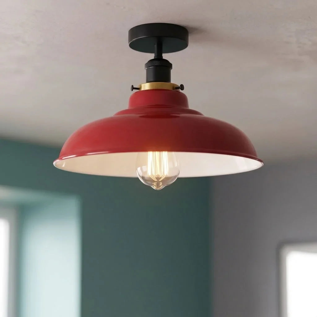 Semi Flush Ceiling Light – Scalloped, Dome or Gloss Metal Shade, E27 - Black, Gloss Metal 32 cm Red, Without Bulb