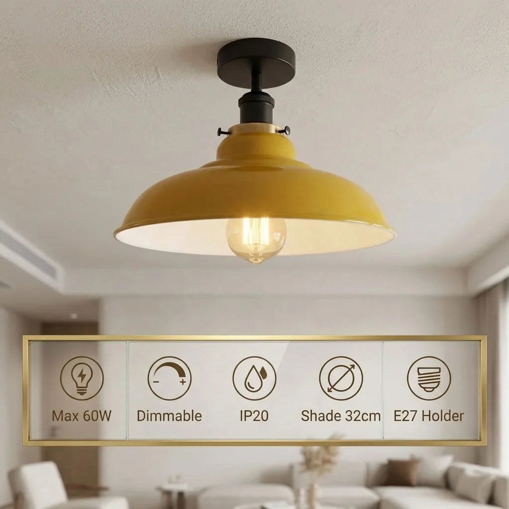 Semi Flush Ceiling Light – Scalloped, Dome or Gloss Metal Shade, E27 - Black, Gloss Metal 32 cm Yellow, Without Bulb