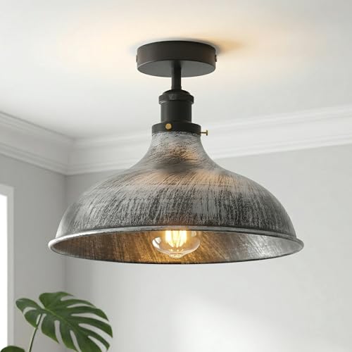 Semi Flush Ceiling Light – Scalloped, Dome or Gloss Metal Shade, E27 - Black, Wide Dome 36 cm Brushed Silver, Without Bulb