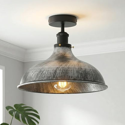 Semi Flush Ceiling Light – Scalloped, Dome or Gloss Metal Shade, E27 - Black, Wide Dome 36 cm Brushed Silver, Without Bulb