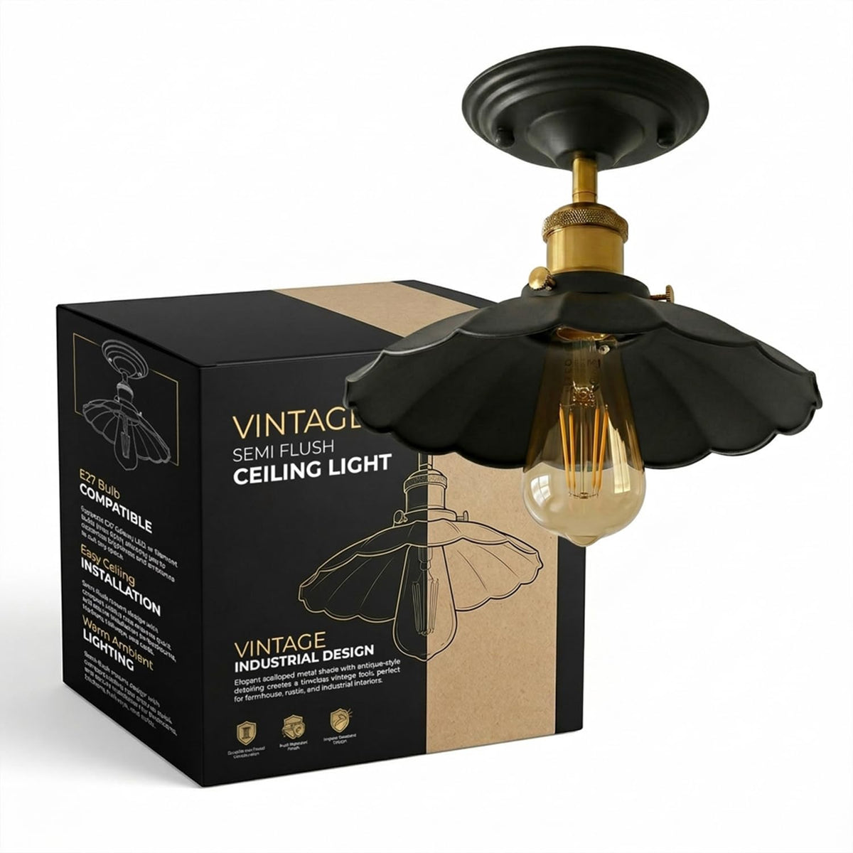 Semi Flush Ceiling Light – Scalloped, Dome or Gloss Metal Shade, E27 - Yellow Brass, Lounge 22 cm Black, 140 mm Rose, ST64 LED Bulb 4W