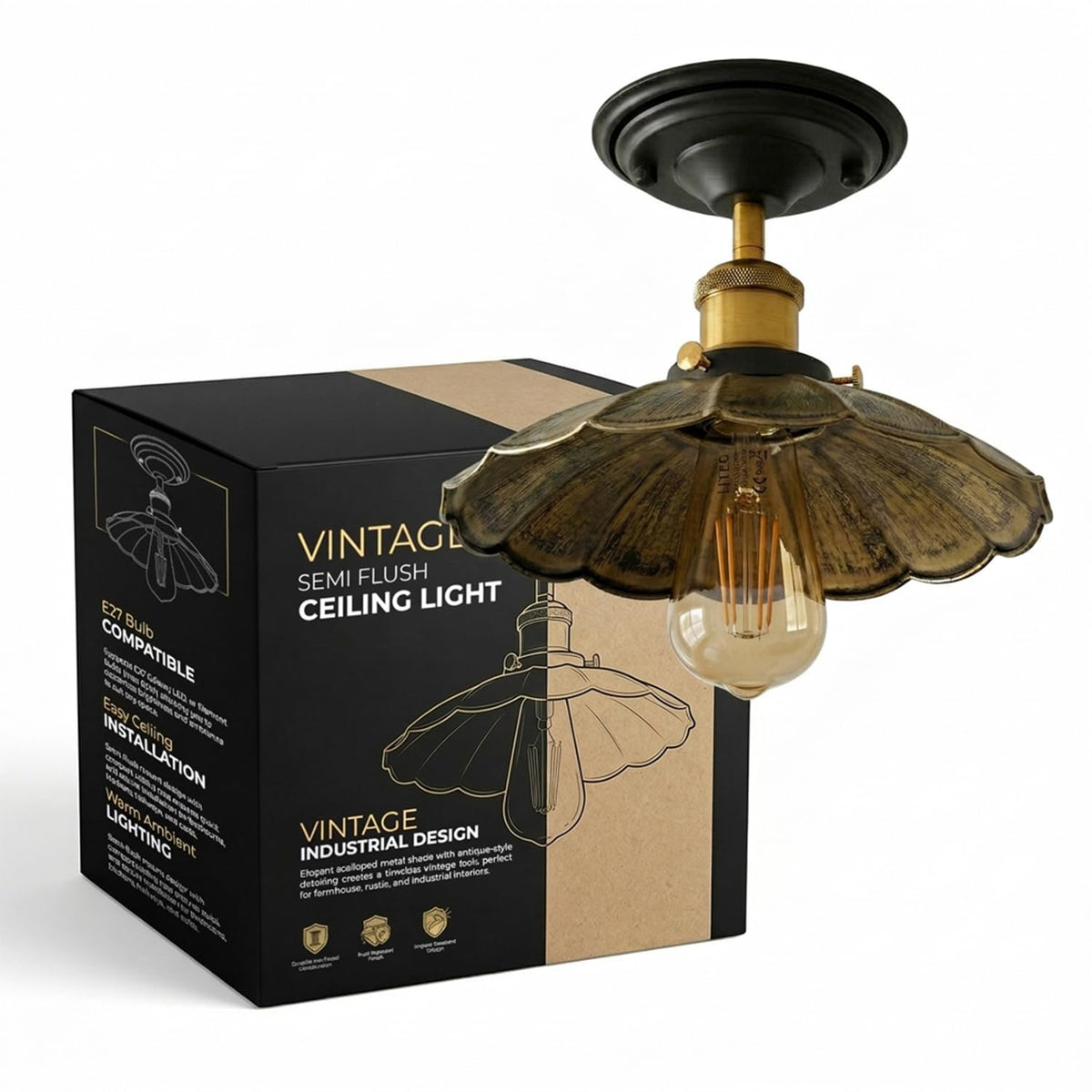Semi Flush Ceiling Light – Scalloped, Dome or Gloss Metal Shade, E27 - Yellow Brass, Lounge 22 cm Brushed Brass, 140 mm Rose, ST64 LED Bulb 4W