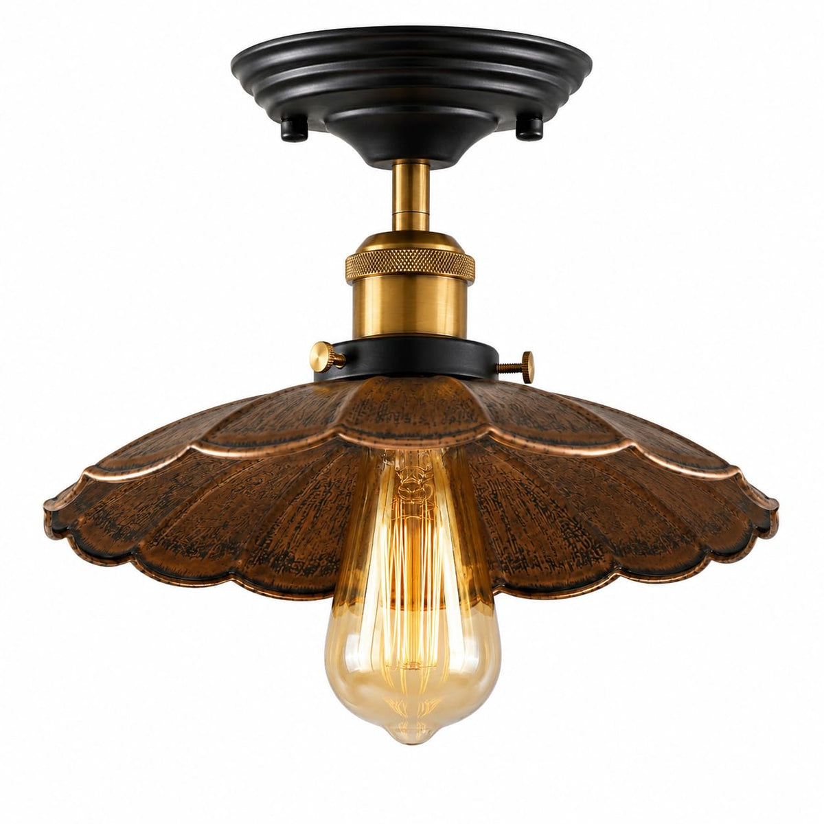 Semi Flush Ceiling Light – Scalloped, Dome or Gloss Metal Shade, E27 - Yellow Brass, Lounge 22 cm Brushed Copper, 140 mm Rose, ST64 LED Bulb 4W