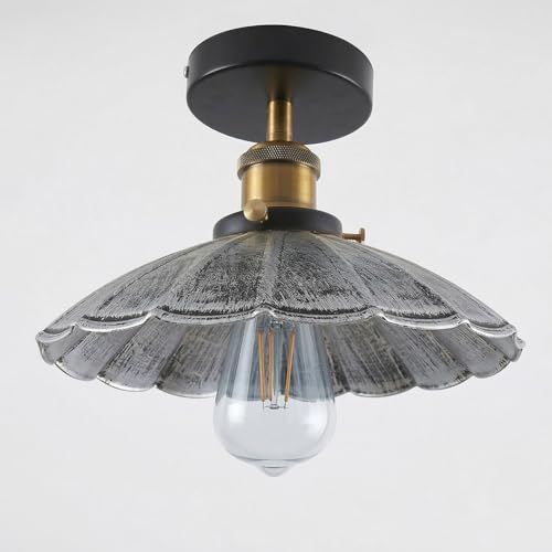 Semi Flush Ceiling Light – Scalloped, Dome or Gloss Metal Shade, E27 - Yellow Brass, Lounge 22 cm Brushed Silver, with Shade Ring, Without Bulb