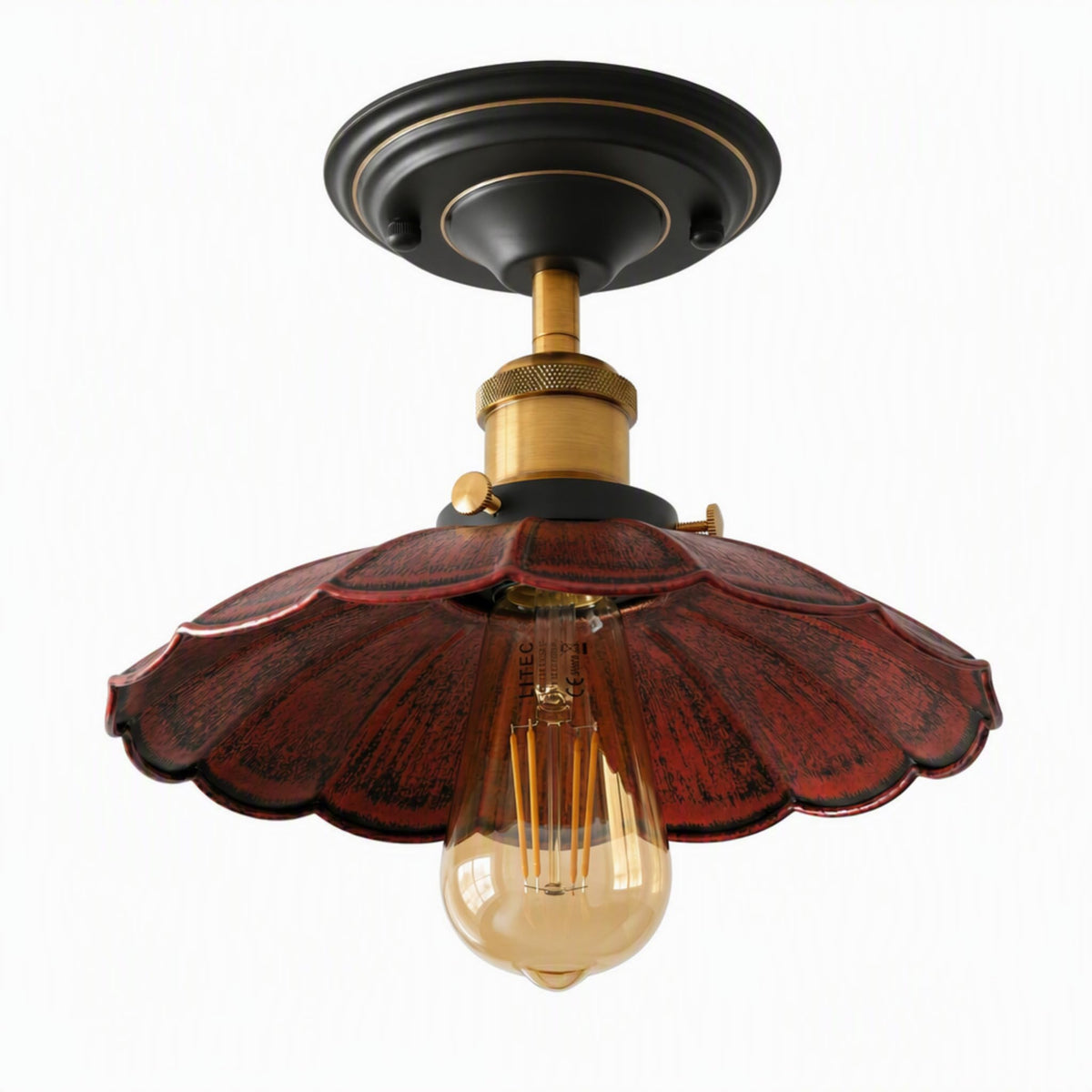 Semi Flush Ceiling Light – Scalloped, Dome or Gloss Metal Shade, E27 - Yellow Brass, Lounge 22 cm Rustic Red, 140 mm Rose, ST64 LED Bulb 4W