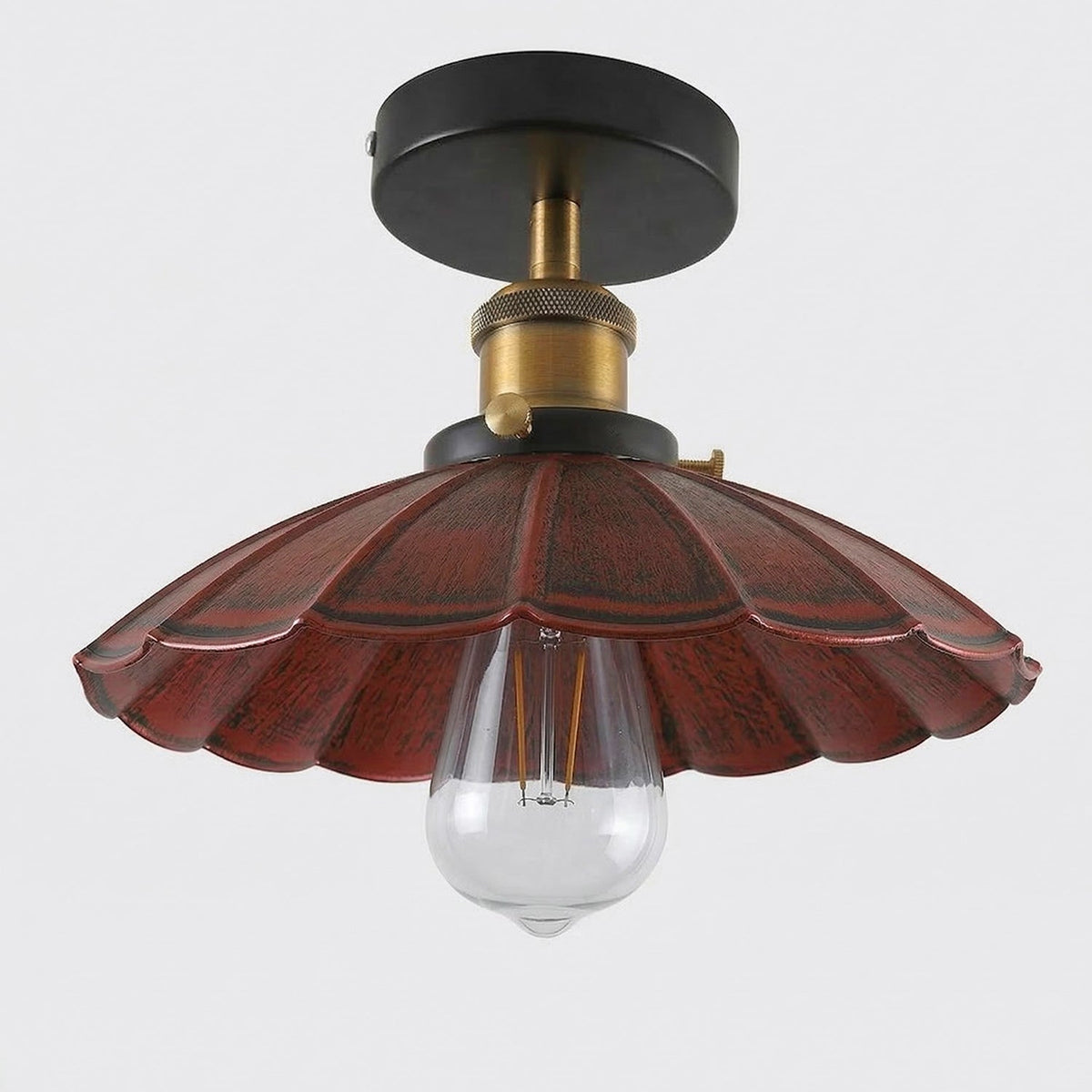 Semi Flush Ceiling Light – Scalloped, Dome or Gloss Metal Shade, E27 - Yellow Brass, Lounge 22 cm Rustic Red, with Shade Ring, Without Bulb